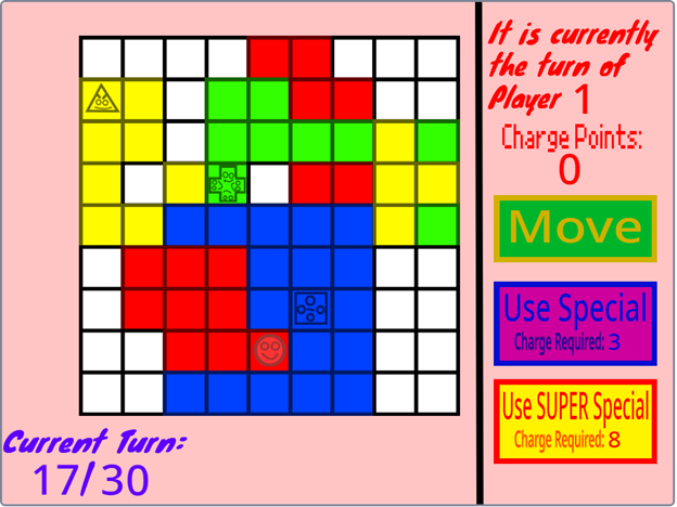 A 9x9 grid of white, red, blue, yellow, and green square tiles, with a red circle, a blue square, a yellow triangle, and a green plus-sign cross shape with faces scattered around the grid.